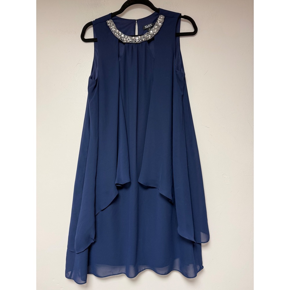 SLNY Navy Embellished Neckline‎ Chiffon Overlay Dress Size 10